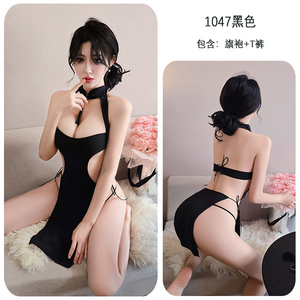 Seductive Qipao Lingerie Dress - Sexy Split Long Gown for Nightwear & Role Play - black