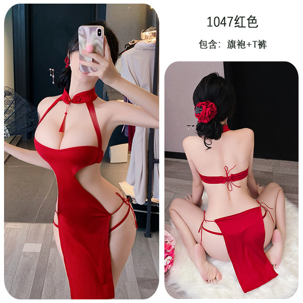 Seductive Qipao Lingerie Dress - Sexy Split Long Gown for Nightwear & Role Play - red
