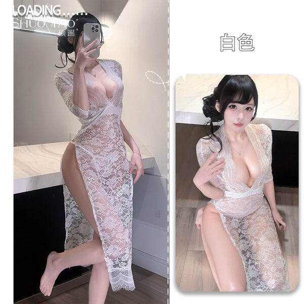 ShuoYao Sexy Lace Sheer Long Dress - Seductive Side-Slit Bodycon Lingerie Sleepwear for Women - White
