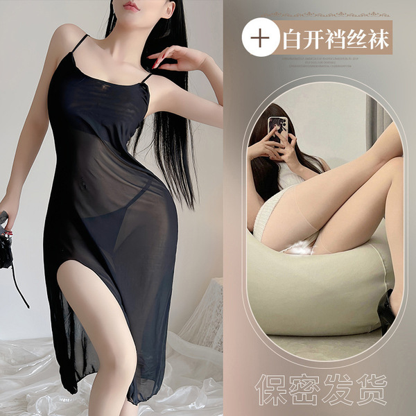 Women's Sexy Lace Sheer Nightgown Set - Transparent Mesh Sleep Dress with Adjustable Straps - Skin tone + black open-crotch stockings