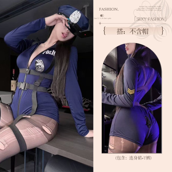 QQNY Sexy Police Uniform Lingerie Set – Pure & Tempting Women's Erotic Sleepwear, No-Remove Design - Female police officer [bodysuit + straps + hat]