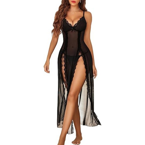 Long Sheer Lace Sensual Evening Dress – High-Slit Sexy Mesh Gown for Women,Europe and America-Inspired Erotic Lingerie S - black