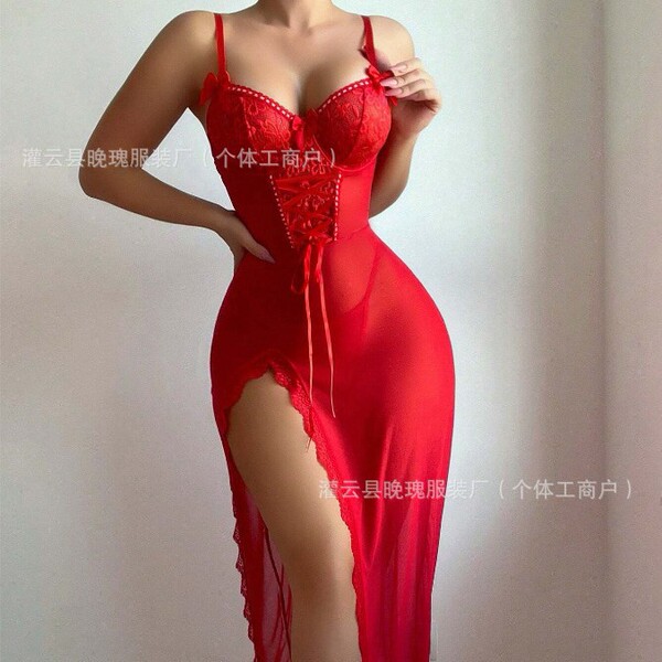 Lace Sheer Mesh Long Nightgown - Sexy Transparent Sleep Dress with Slit & Adjustable Straps for Women - pink
