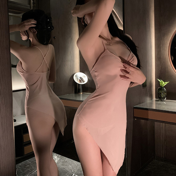 Feitiyu Seductive Lingerie Dress - Sweet & Spicy Sheer Lace Slip Dress with Crisscross Back, Sexy Transparent Nightwear - Pink sexy long dress + T-shirt + black stockings