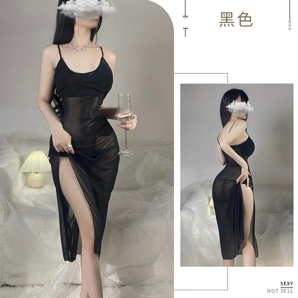 Women's Plus Size Sexy Lace Mesh Long Nightgown - Transparent Seductive Sleep Dress for Intimate Nights - black
