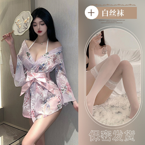 Plus Size Japanese-Style Sexy Kimono Robe with Bow & Floral Print – Seductive Sleepwear & Lingerie Set - Pink + white stockings