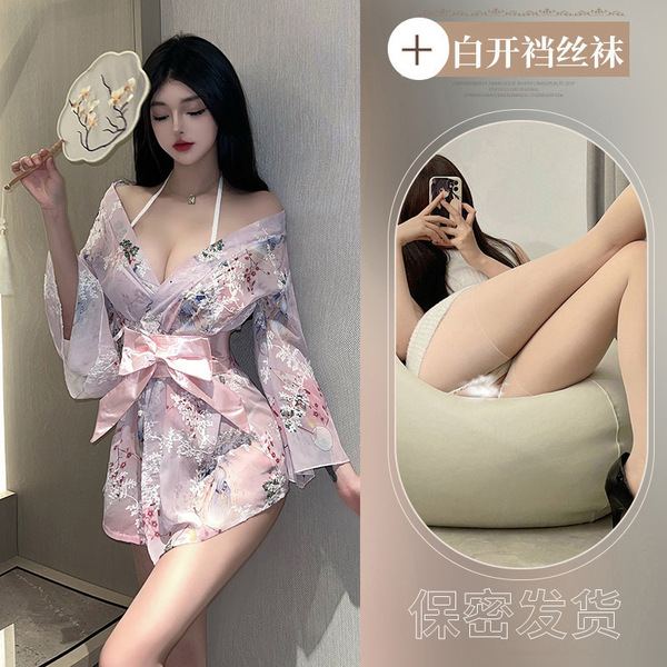 Plus Size Japanese-Style Sexy Kimono Robe with Bow & Floral Print – Seductive Sleepwear & Lingerie Set - Pink and white open-crotch socks