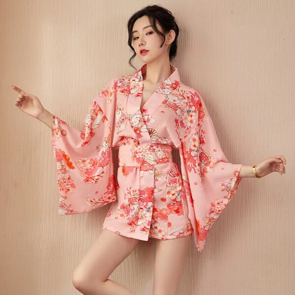 Mannyqing Japanese Kimono Lingerie Set - Deep V Floral Sleepwear Robe with Cherry Blossom Print, Pure & Alluring Style - Image color