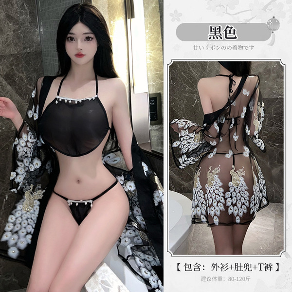 Jingruohan Japanese Kimono Sheer Set - Sexy Lace Sleepwear & Seductive No-Remove Lingerie Outfit - black