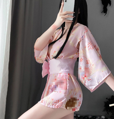 Japanese Cherry Blossom Lingerie Set - Seductive Kimono-Style Sleepwear, No-Remove Sexy Outfit - Pink Set