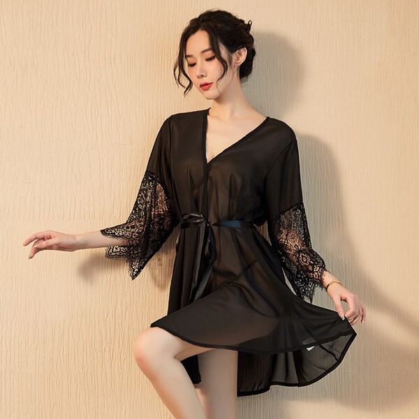 Lace Sleeve Chiffon Robe Set - Sexy Sheer Sleepwear for Women, Japanese-Style Lounge Wear & Intimate At-Home Outfit - black