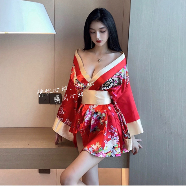 Sexy kimono-style lingerie robe - vintage japanese-inspired deep v sleepwear & cosplay robe for women, featuring vibrant flor...