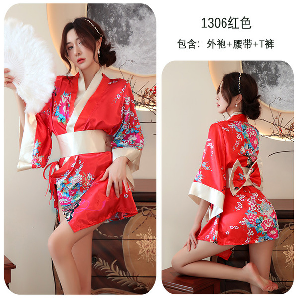Japanese-Style Sexy Kimono Robe - Sheer Lace Trim, Low-Neck Seductive Lounge Wear for Women - red