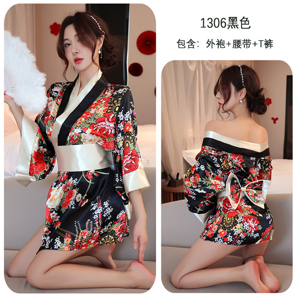 Japanese-Style Sexy Kimono Robe - Sheer Lace Trim, Low-Neck Seductive Lounge Wear for Women - black