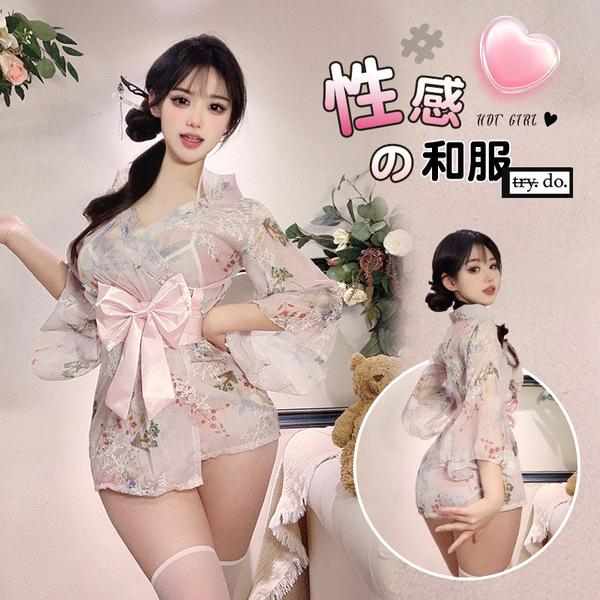 Japanese-style sexy lingerie set featuring a delicate kimono robe with a charming pink bow detail, perfect for elegant sleepw...