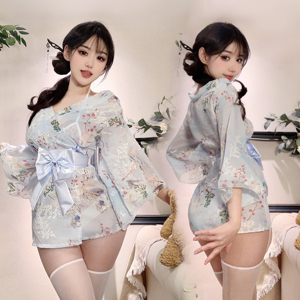 Japanese-style sexy lingerie set featuring a delicate kimono robe with floral patterns and a prominent bow detail, perfect fo...