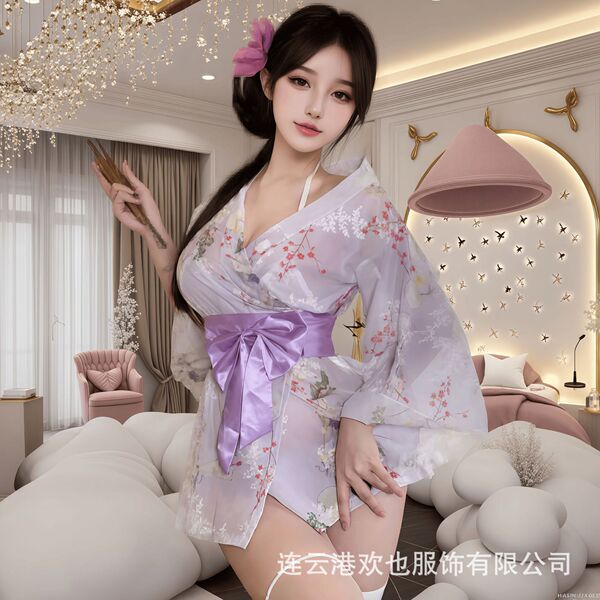 Japanese-Inspired Sensual Lingerie Set – Pure & Tempting Kimono-Style Sleepwear Outfit - Purple