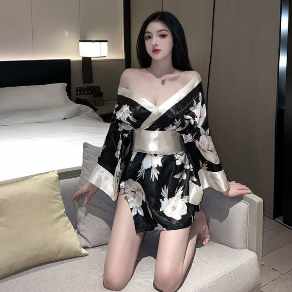 Deep V Geisha-Inspired Sensual Kimono Robe - Sexy Cosplay Sleep Dress & Erotic Lounge Gown - Gray [outer robe + belt + t-shirt]