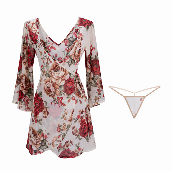 Sexy floral deep v sleep robe set featuring silk-like sheer kimono nightwear with long sleeves, perfect for lounge and party ...