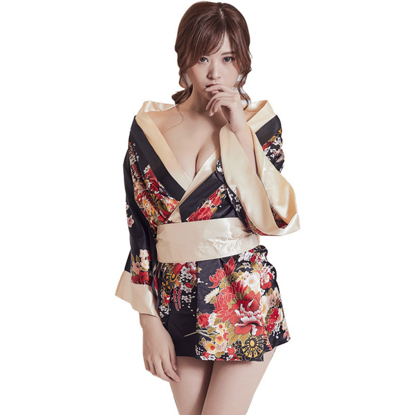 Japanese Kimono Lingerie Set - Sexy Yukata Style Sauna Uniform for Photoshoots & Cosplay - black