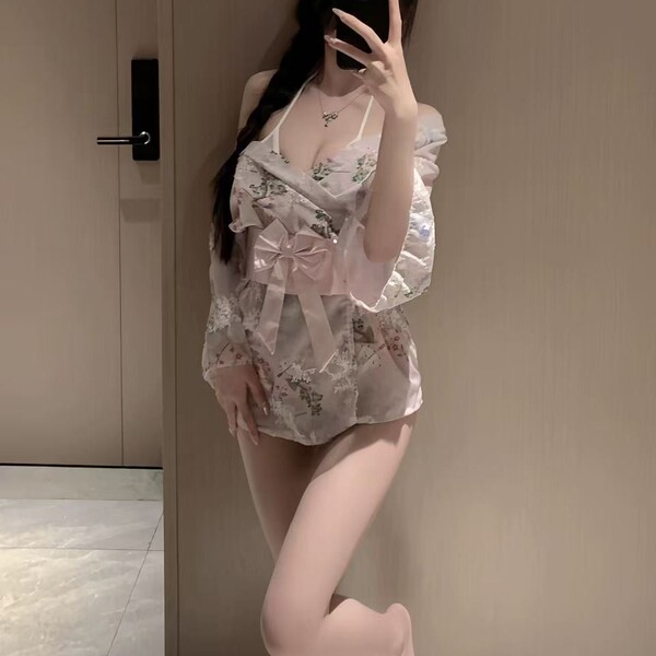 Cherry blossom sensual kimono lingerie set featuring delicate floral patterns and elegant bows, perfect for parties, cosplay,...