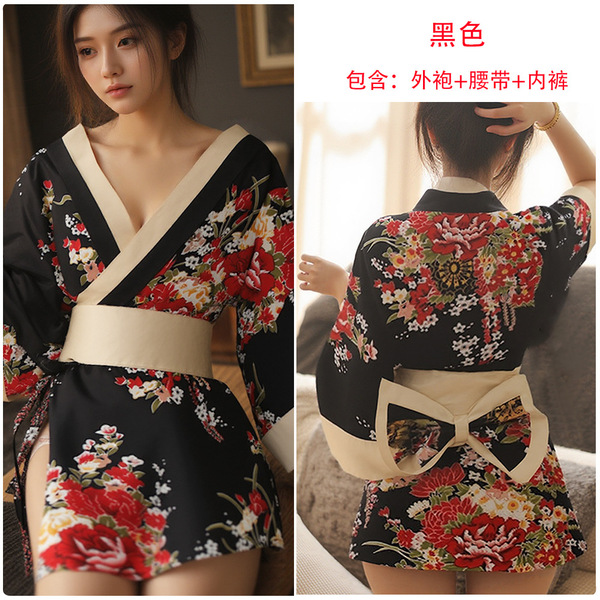 Yufei Japanese-Style Lingerie Robe Set - Seductive Couples Sleepwear & Tempting Kimono-Inspired Nightwear - Black + Black Fishnet Stockings