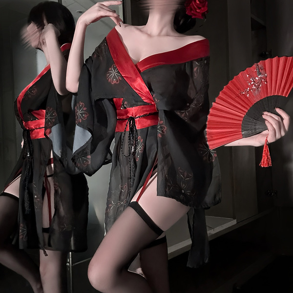 Vintage-inspired tokyo sakura lace kimono lingerie set featuring cutout sleeves and waist ties, perfect for romantic nightwea...
