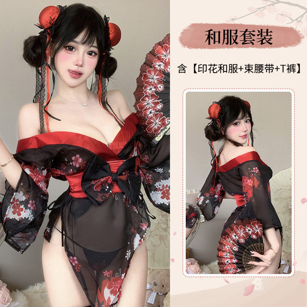 Women's Seductive Japanese-Inspired Lace Kimono Set - Sheer Backless Robe with Alluring Floral Print - Image color
