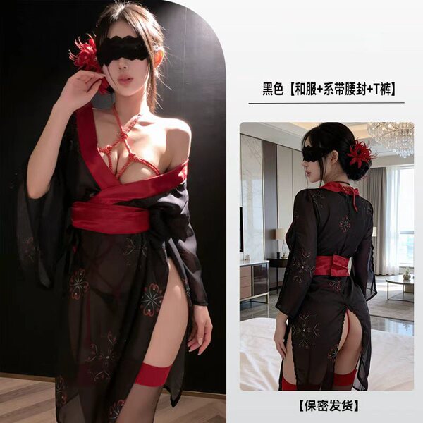 Japanese Kimono Print Black Sleepwear Set - Sexy Y2K Pure-Desire No-Remove Uniform Lingerie Pajamas - Black + black stockings