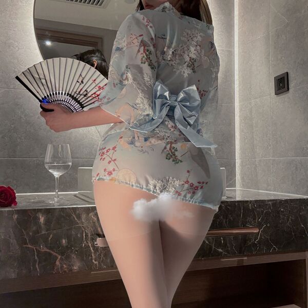Japanese-inspired sexy yami-kawaii kimono sleep dress featuring floral chiffon fabric, delicate bow detail, perfect for women...