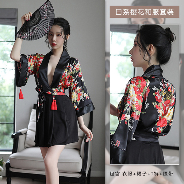 Japanese Kimono-Style Lingerie Set - Deep V Sexy Sleepwear & Bedroom Play Outfit, No-Remove Design - Black suit