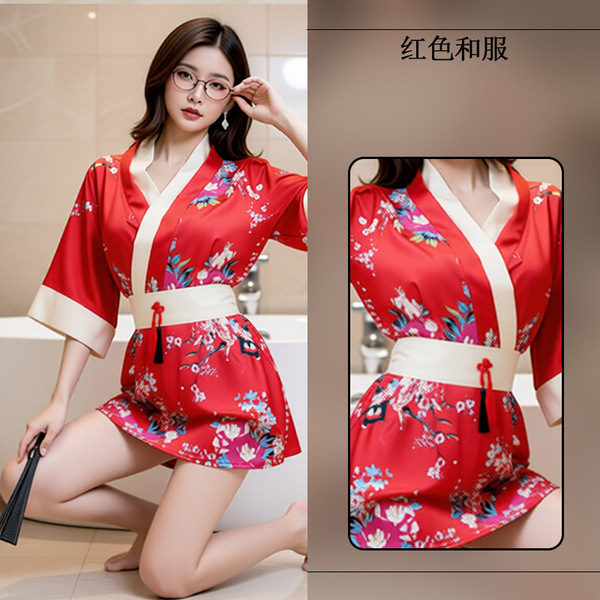 BaoDouBear Japanese-Style Lingerie Set for Women – Seductive Kimono-Inspired Sexy Costume Outfit - red