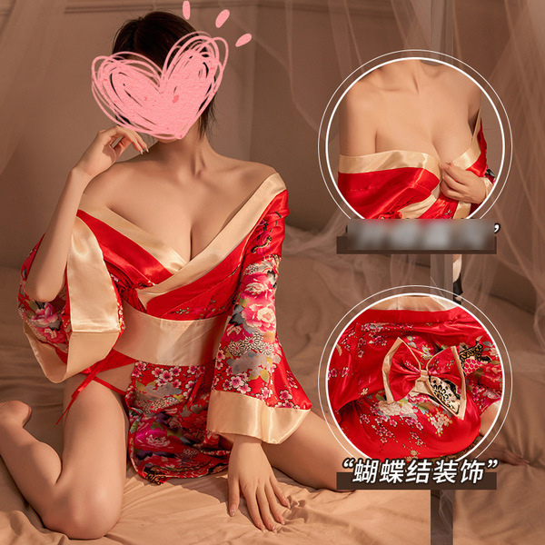Japanese-Style Lingerie Kimono Robe Set - Seductive Sheer Chest-Reveal Sleepwear for Couples, No-Undress Design - red
