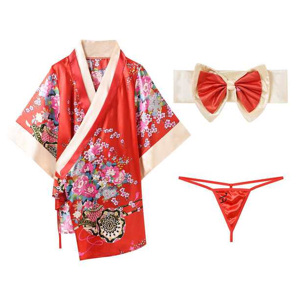 Sakura Kimono Lingerie Set - Japanese Role Play Costume for Cosplay, Sauna & Sensual Play - red