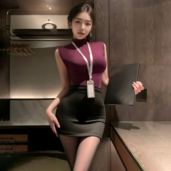 Seductive ol -inspired outfit featuring a form-fitting maroon top and black pencil skirt, perfect for office chic with a tou...