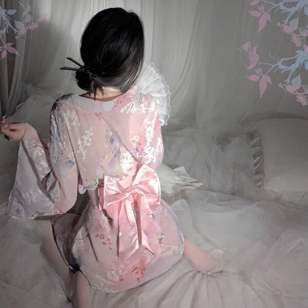 Japanese Kimono-Style Sheer Lace Bikini Set & Chiffon Sleep Dress with Open-Front Robe for Women - pink
