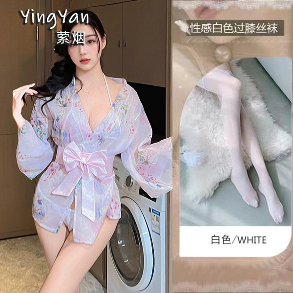 Japanese-Style Lace Kimono Set - Sexy Bow-Tie Sheer Robe & Matching 3-Piece Outfit for Women - 0833 Pink + White Stockings