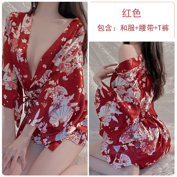 DZ Gui Ruo Sexy Lace Lingerie Set - Low-Cut Kimono-Style Robe & Matching Bottoms for Women - red