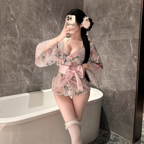Yaseyese Japanese-Inspired Lingerie Set – Seductive Kimono-Style Sleepwear & Roleplay Costume for Small Bust - Pink kimono + matching lace stockings