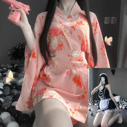 Japanese-Style Sexy Lingerie Set - Transparent Kimono Sleepwear for Romantic Nights & Bedroom Play - Kimono coat + maid