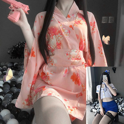 Japanese-Style Sexy Lingerie Set - Transparent Kimono Sleepwear for Romantic Nights & Bedroom Play - Kimono jacket + flight attendant