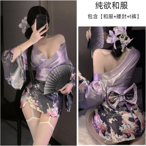 Chu Ai Temptation Lingerie Set - Deep V Japanese Kimono Style Cosplay Outfit for Women - Purple
