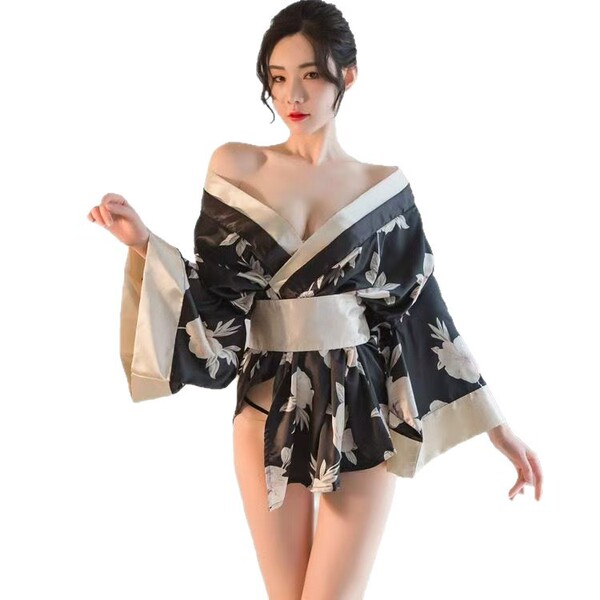 Plus Size Japanese Kimono Lingerie Set with Bow Print - Sexy Oriental Dance-Inspired No-Remove Sleepwear for Women - black