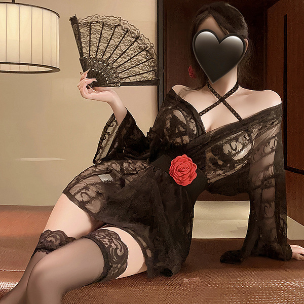 Mino Hi Japanese-Style Sexy Yukata Sleepwear Set – Pure Temptation Lingerie with Alluring Elegance - black