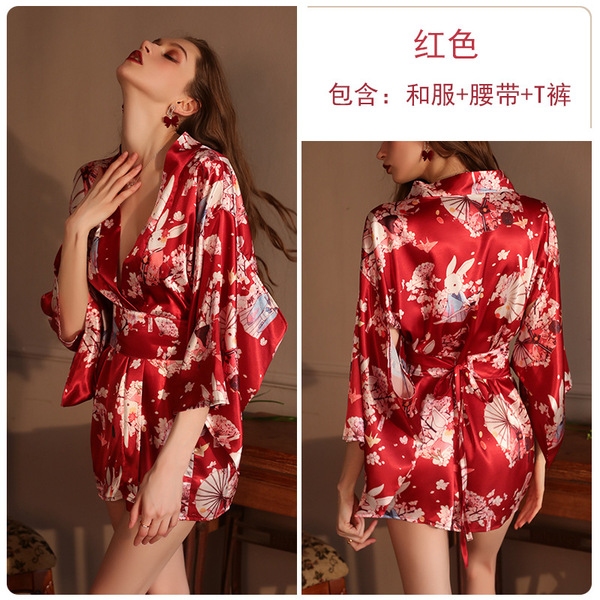 Glorious Sensual Lingerie Set - Low-Cut Seductive Kimono-Style Waist-Slimming Sleepwear Outfit - red