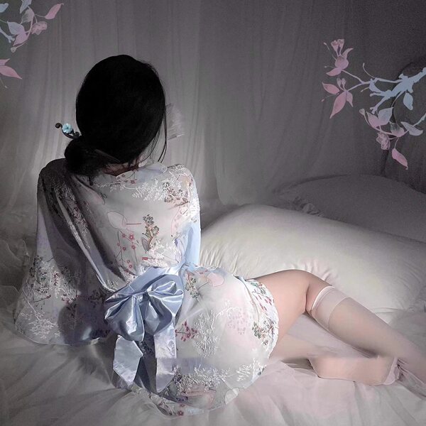 Japanese-Inspired Sheer Kimono Sleep Set – Sensual Lace Trimmed Robe & Matching Bralette Panty Set for Women - blue