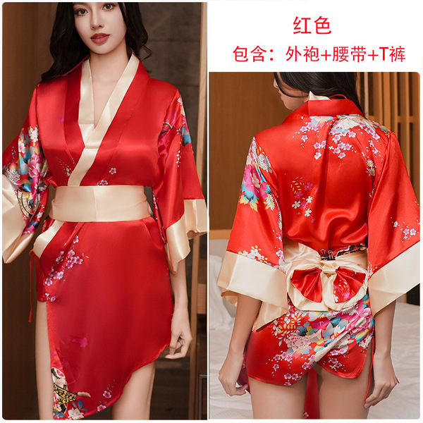 Yefeiyi Japanese Kimono Lingerie Set - Seductive Role Play Robe & Sleepwear Outfit for Women - Red + red stockings