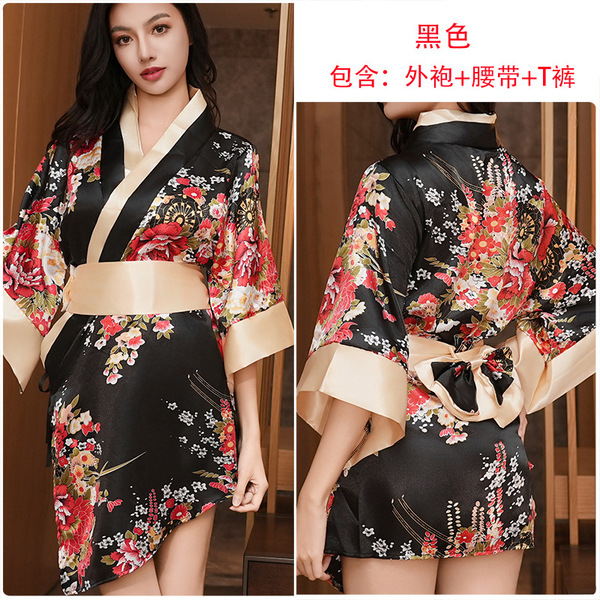 Yefeiyi Japanese Kimono Lingerie Set - Seductive Role Play Robe & Sleepwear Outfit for Women - black