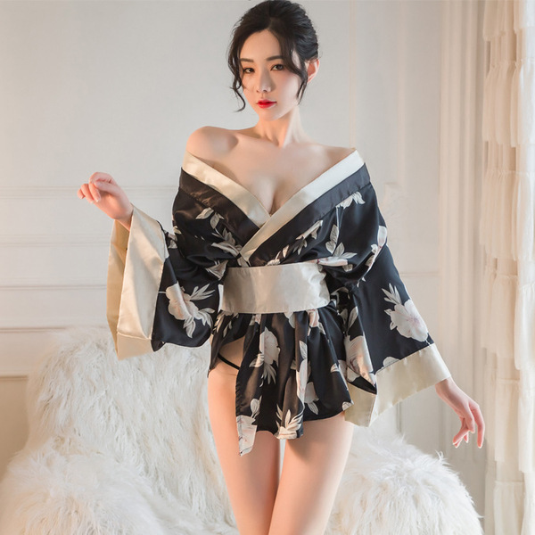 Japanese Kimono Lingerie Set for Women - Sexy Costume Play Outfit with Floral Print & Seductive Design - black
