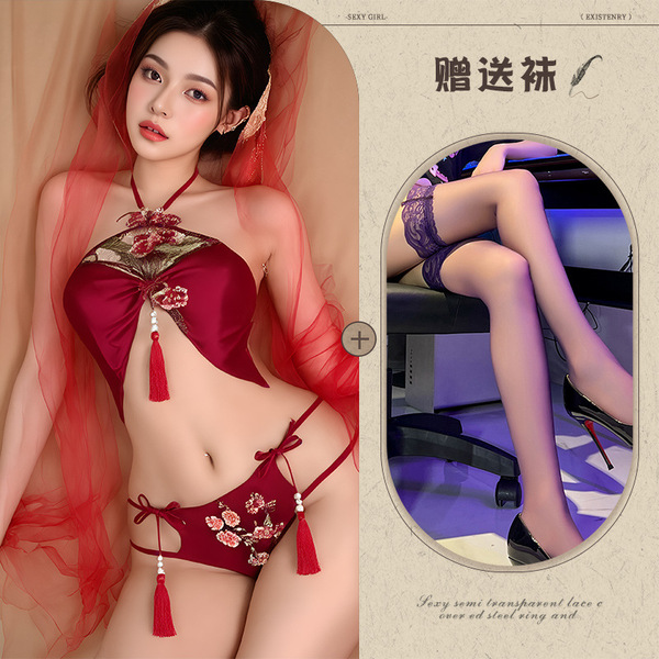 Ancient Chinese Wedding Lingerie Set - Silk Brocade Qipao-Inspired Bodice with Peony Embroidery & Sheer Mesh - Red + Black Stockings